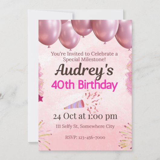Invitation Thème d'anniversaire 40 ans rose (Devant)