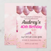 Invitation Thème d'anniversaire 40 ans rose (Devant / Derrière)