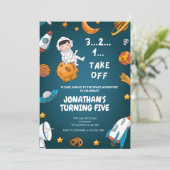 Invitation Thème d'anniversaire astronaute espace planètes so (Debout devant)