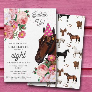 Invitation Thème d'anniversaire Cheval Fleur Rose Cowgirl Fil