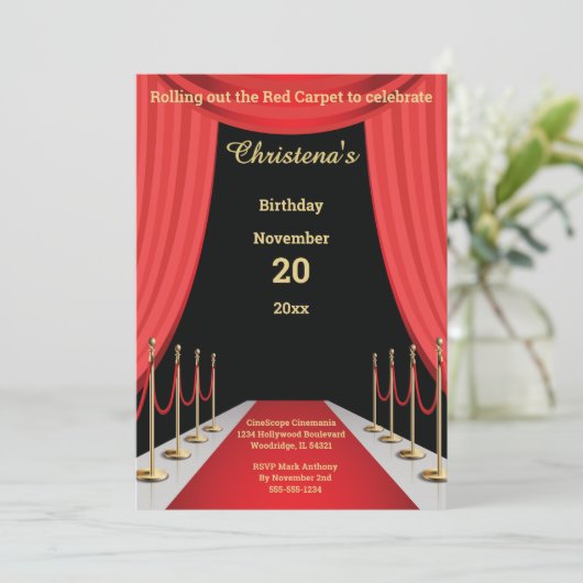 Invitation Thème d'anniversaire Cinéma Tapis Rouge (Debout devant)