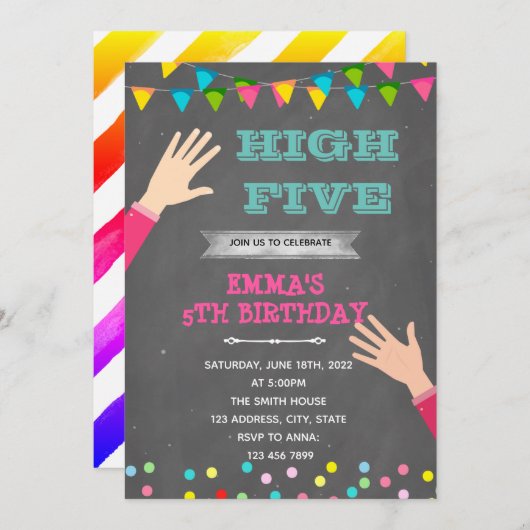 Invitation Thème d'anniversaire de cinq filles (Devant / Derrière)