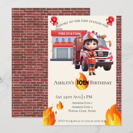 Invitation Thème d'anniversaire de fille de pompier Mignonne (Devant / Derrière)