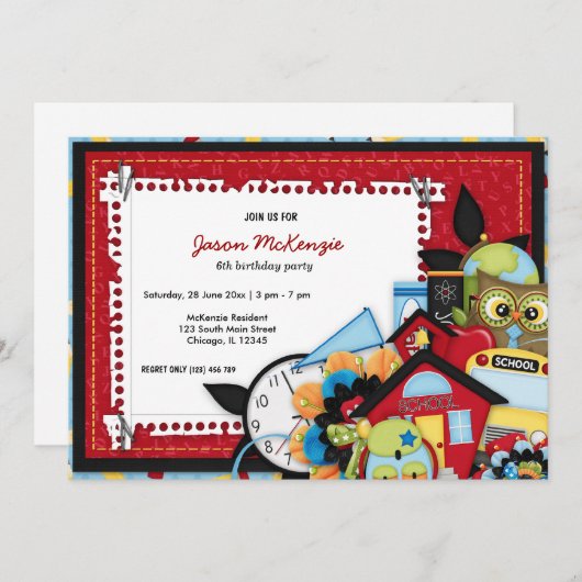 Invitation Thème d'anniversaire de l'école (Devant / Derrière)