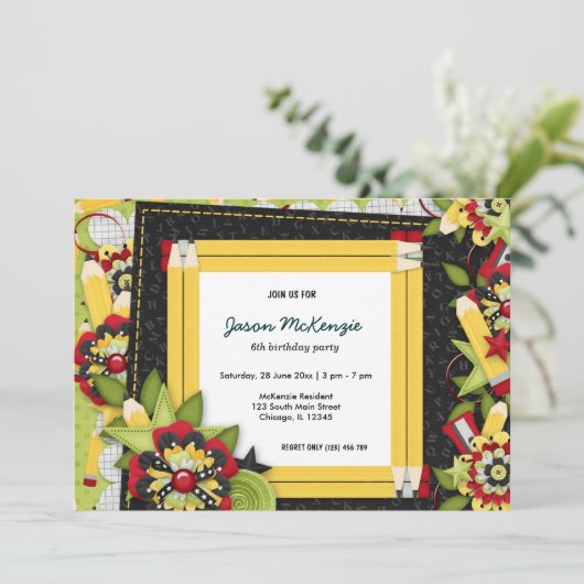 Invitation Thème d'anniversaire de l'école (Debout devant)