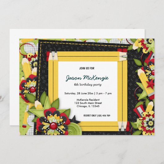 Invitation Thème d'anniversaire de l'école (Devant / Derrière)