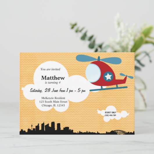 Invitation Thème d'anniversaire de l'hélicoptère (Orange) (Debout devant)