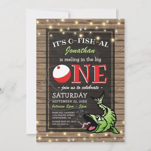 Invitation Thème d'anniversaire de pêche | Rustique Le Gros (Devant)