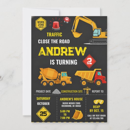Invitation Thème d'anniversaire Fête de construction (Devant)