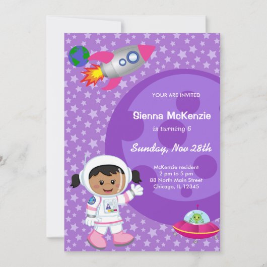 Invitation Thème d'anniversaire fille astronaute (Devant)