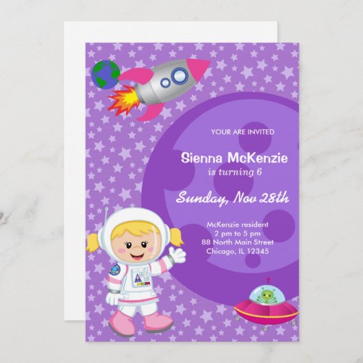 Invitation Thème d'anniversaire fille astronaute (Devant / Derrière)