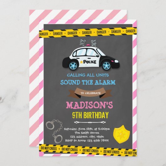 Invitation Thème d'anniversaire fille police (Devant / Derrière)
