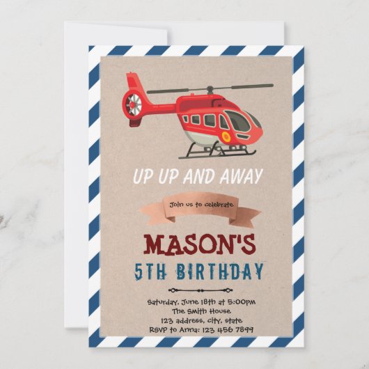 Invitation thème d'anniversaire hélicoptère avion (Devant)