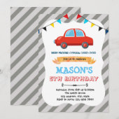 Invitation thème d'anniversaire petite voiture rou (Devant / Derrière)