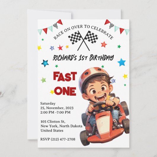 Invitation Thème d'anniversaire pour enfants de course automo (Devant)