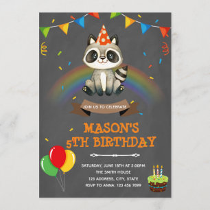 Invitation Thème d'anniversaire raton laveur arc-en-ciel