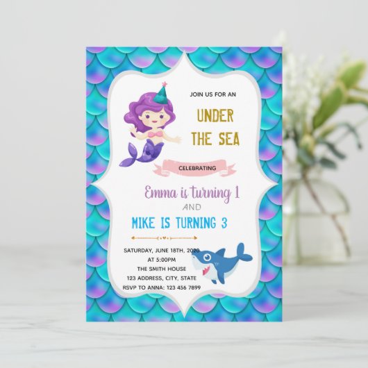 Invitation Thème d'anniversaire sirène et requin (Debout devant)