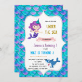 Invitation Thème d'anniversaire sirène et requin (Devant / Derrière)