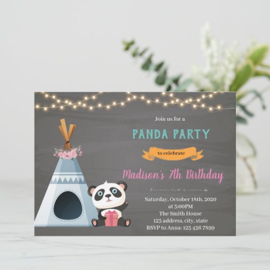 Invitation thème d'anniversaire yourte panda (Debout devant)