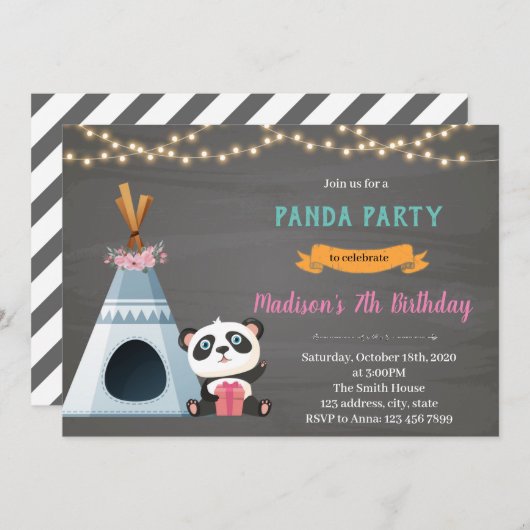 Invitation thème d'anniversaire yourte panda (Devant / Derrière)