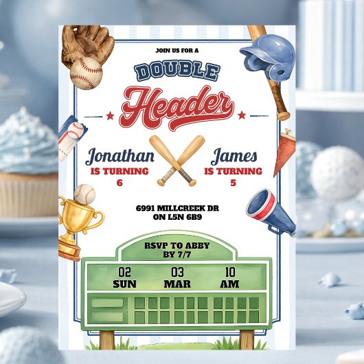 Invitation Thème de baseball Double Header Twin Joint Anniver