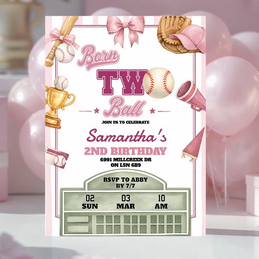 Invitation Thème de baseball rose violet né deux ballons anni