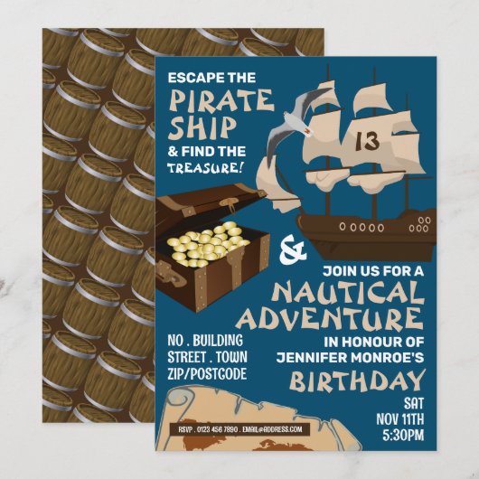Invitation Thème de bateau pirate, salle d'évasion, fête d'an (Devant / Derrière)
