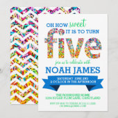 Invitation Thème de bonbons 5ème anniversaire fête des arrose (Devant / Derrière)