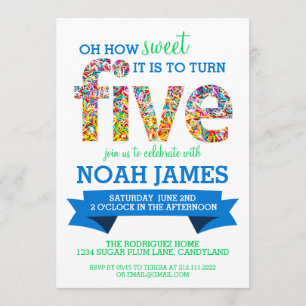 Invitation Thème de bonbons 5ème anniversaire fête des arrose