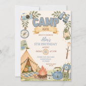 Invitation Thème de camping bleu pour l'anniversaire d'une fi (Devant)