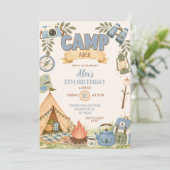 Invitation Thème de camping bleu pour l'anniversaire d'une fi (Debout devant)