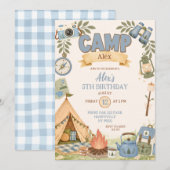 Invitation Thème de camping bleu pour l'anniversaire d'une fi (Devant / Derrière)