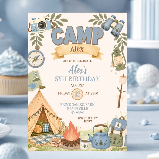 Invitation Thème de camping bleu pour l'anniversaire d'une fi