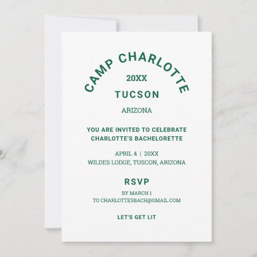 Invitation Thème de camping Fête de Bachelorette en vert forê (Devant)