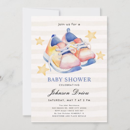 Invitation Thème de chaussures de bébé à l'aquarelle | Baby S (Devant)