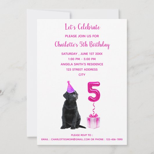 Invitation Thème de chiot 5e anniversaire - mignon chien rose (Dos)
