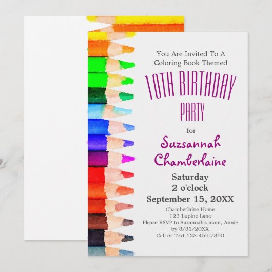 Invitation Thème de coloriage Rainbow Pencils Fête des enfant (Devant / Derrière)