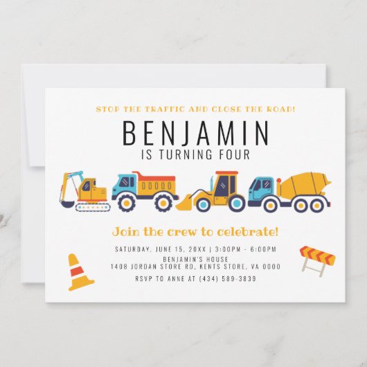 Invitation Thème de construction Anniversaire de la fête du c (Devant)