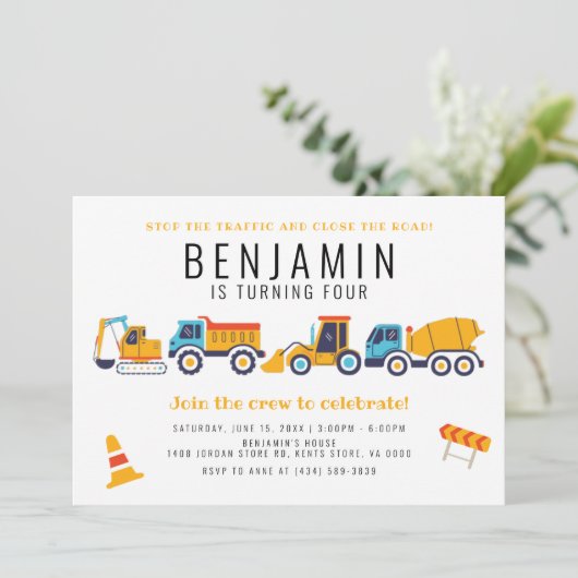 Invitation Thème de construction Anniversaire de la fête du c (Debout devant)