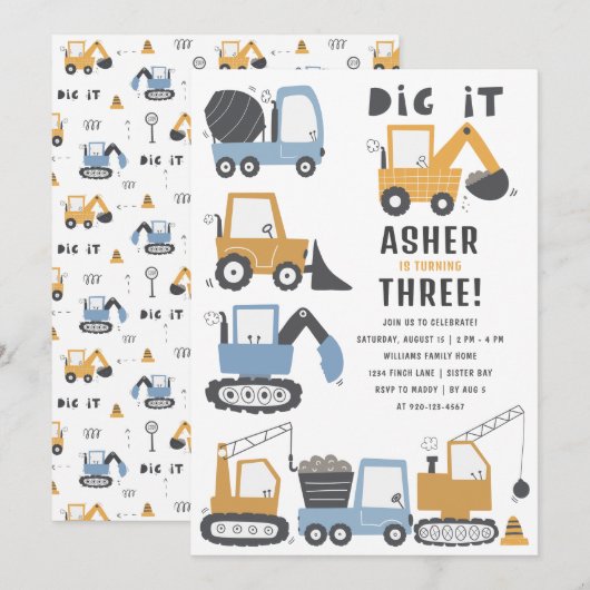 Invitation Thème de construction fête d'anniversaire (Devant / Derrière)