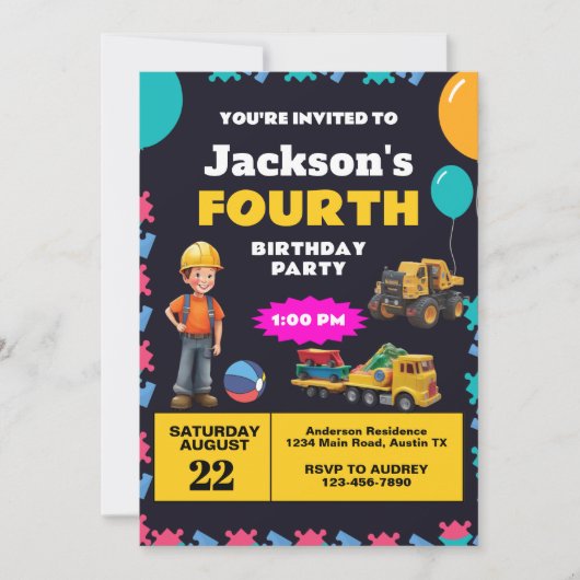 Invitation Thème de construction pour fête d'anniversaire (Devant)