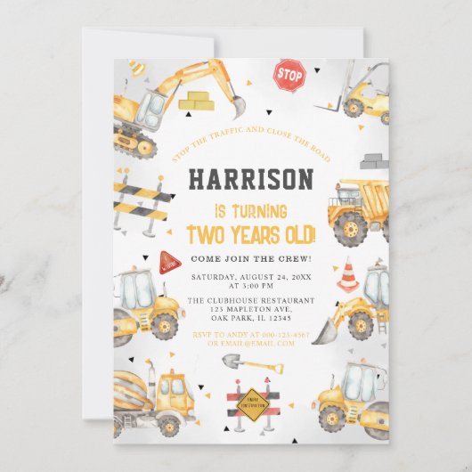 Invitation Thème de construction Truck Party Anniversaire (Devant)
