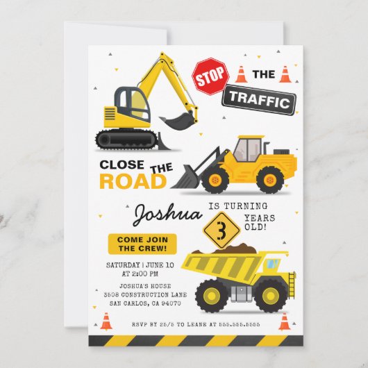 Invitation Thème de construction Truck Truck Anniversaire de  (Devant)