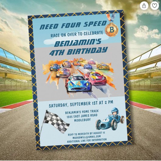 Invitation Thème de course automobile pour garçon 4ème annive
