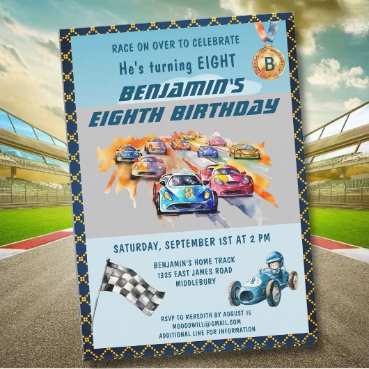 Invitation Thème de course automobile pour garçon pour un 8èm