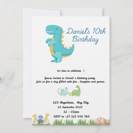 Invitation Thème de dinosaure bleu mignon (Devant)