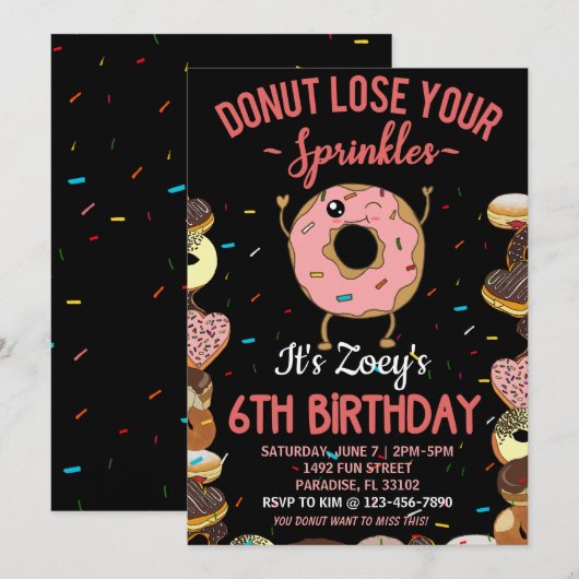 Invitation Thème de donut pour le 6e anniversaire Citation dr (Devant / Derrière)