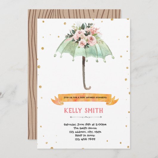 Invitation Thème de douche de bébé parapluie (Devant / Derrière)