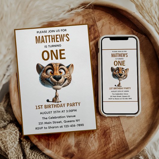 Invitation Thème de ferme de guépard mignon et fou pour 1er a