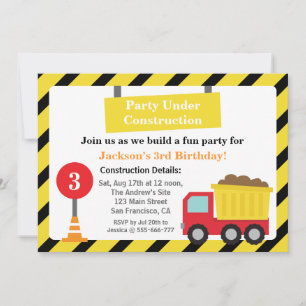 Invitation Thème de fête d'anniversaire camion de chantier à